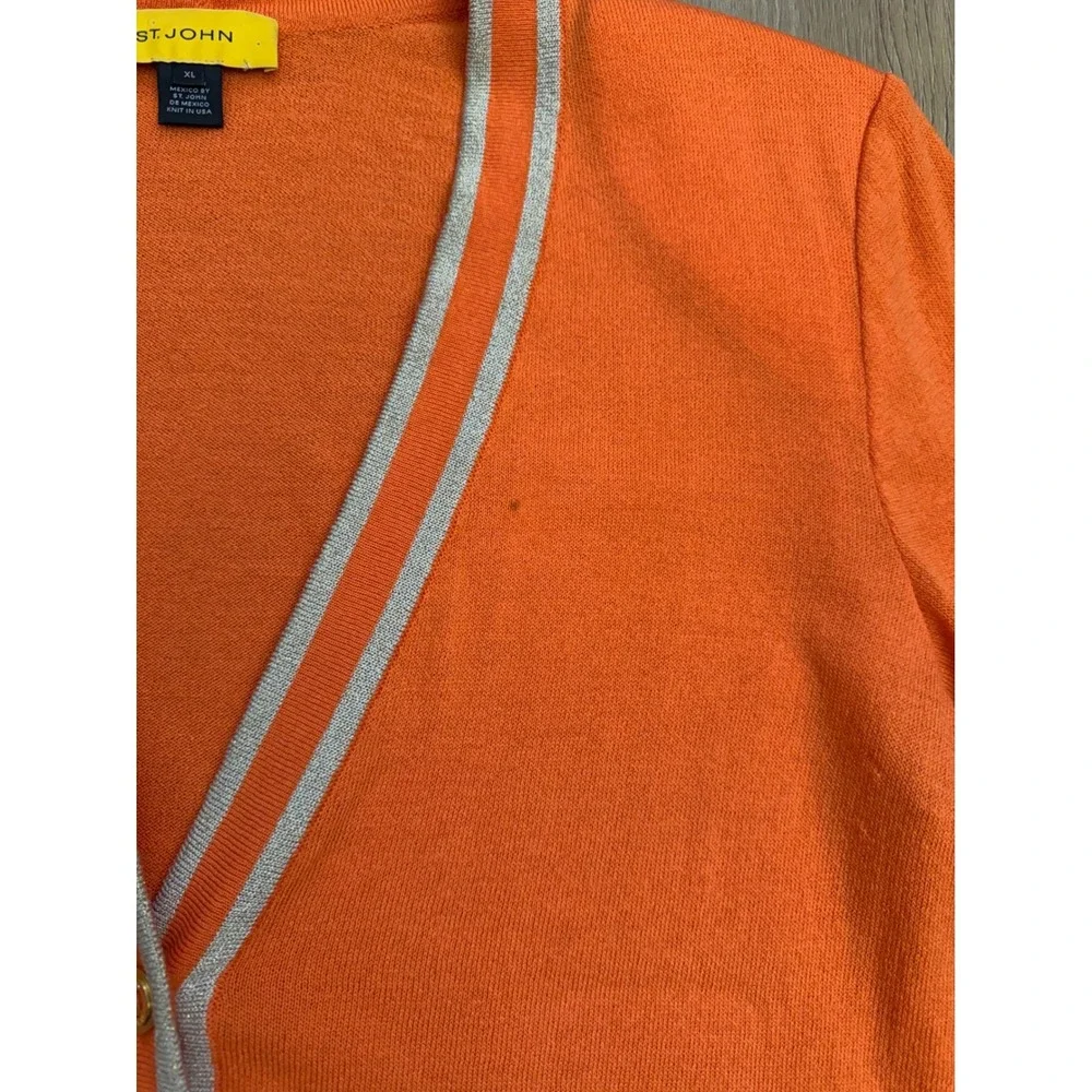 St. John vtg Orange santana knit Wool Blend Metallic Trim Cardigan Sweater XL